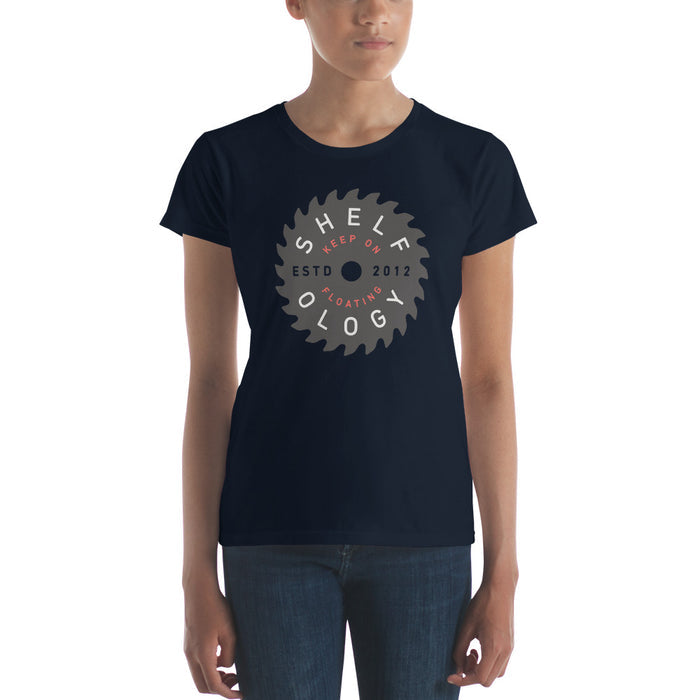 Women's Rough Sawn T-shirt in navy with circular saw blade graphic and Shelfology branding for casual wear style