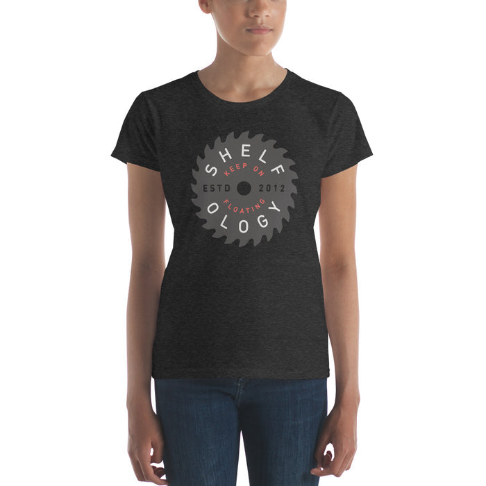 Women's Rough Sawn T-shirt in dark heather grey with circular saw blade graphic and Shelfology branding for casual style