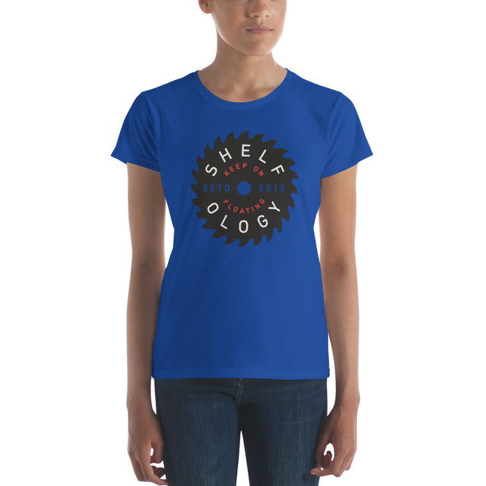 Women's Rough Sawn T-shirt in royal blue with circular saw blade design and Shelfology branding for casual style