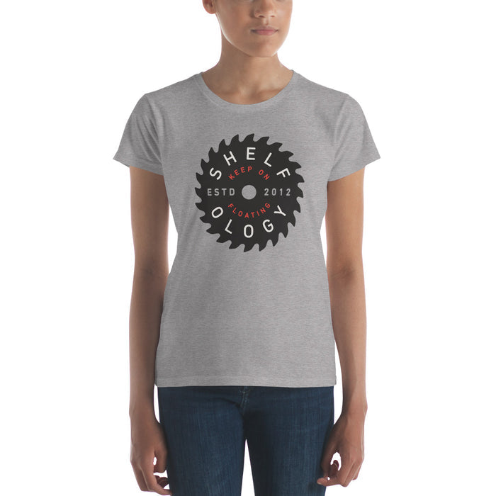 Women's Rough Sawn T-shirt in heather grey featuring a circular saw blade graphic with Shelfology branding for casual style
