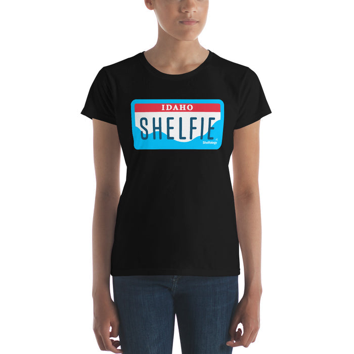 Women's Shelfie T-shirt in black with Idaho license plate graphic in red, white, and blue for a bold casual look