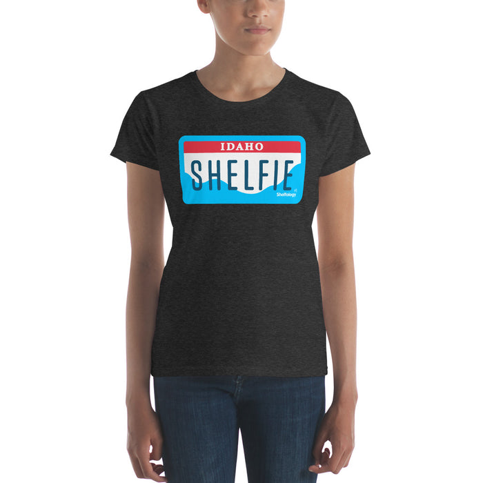 Women's Shelfie T-shirt in dark heather grey featuring a red, white, and blue Idaho license plate design for casual style
