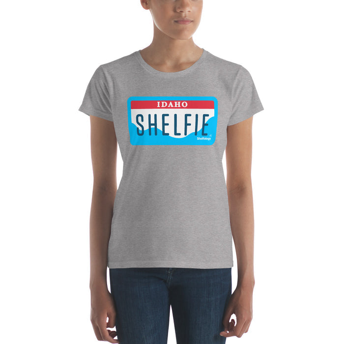 Women's Shelfie T-shirt in heather grey with colorful Idaho license plate graphic for stylish casual wear