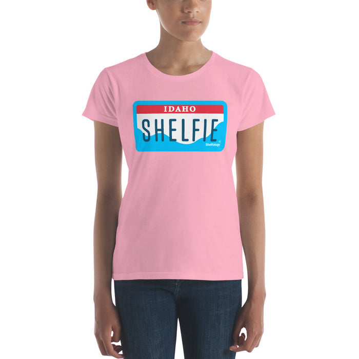 Women's Shelfie T-shirt in soft pink featuring a colorful Idaho license plate graphic for casual style