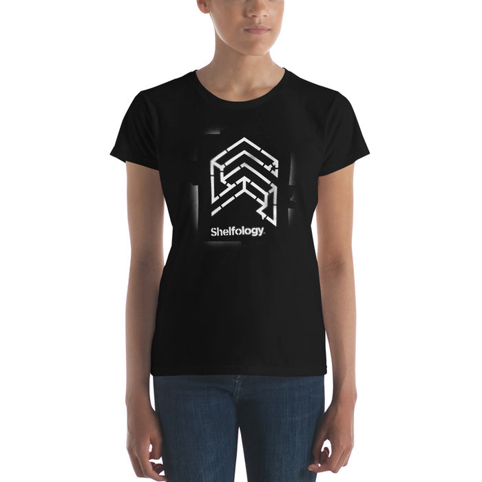 Women's Tagged T-shirt in black with white geometric graphic and Shelfology branding for stylish casual wear