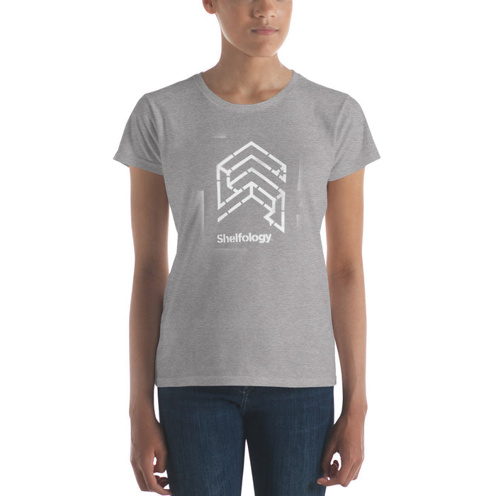 Women's Tagged T-shirt in soft heather grey with white geometric logo and Shelfology branding for casual wear