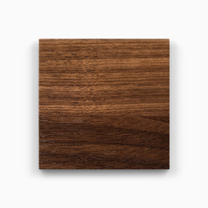 Wood Swatches sample in rich walnut finish showcasing premium hardwood for durable wood floating shelves by Shelfology