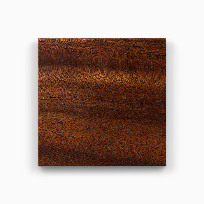 Wood Swatches sample in a rich Dutch mocha finish showcasing premium hardwood for Wood Swatches by Shelfology