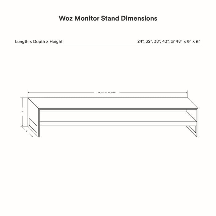 Technical line drawing showing dimensions of the Woz Monitor Stand with length options 24, 32, 38, 43, or 48 inches, depth 9 inches, and height 6 inches.