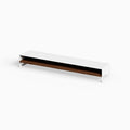 Woz Monitor Stand featuring a minimalist white metal frame with a walnut wood floating shelf, perfect for organized desk setups.