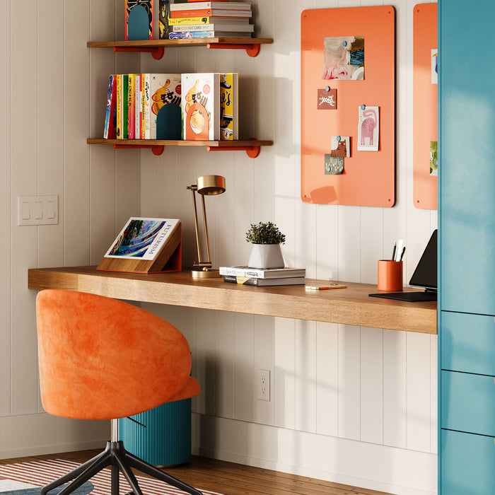 Yuri FM Floating Desk Bracket in matte black steel supporting a wood floating desk in a modern workspace setup