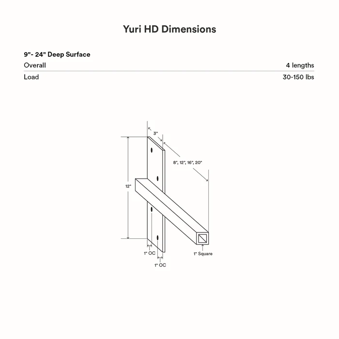 Yuri HD Floating Desk Bracket (Black Primer) technical drawing showing dimensions for strong floating shelf hardware.
