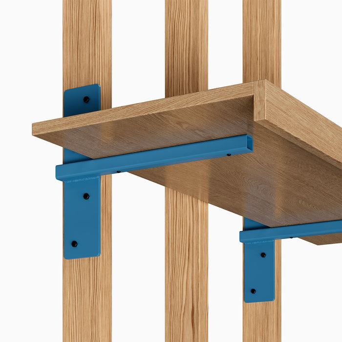 Yuri HD Floating Desk Bracket (Powder Coated) in powder blue metal supporting a natural wood floating shelf design