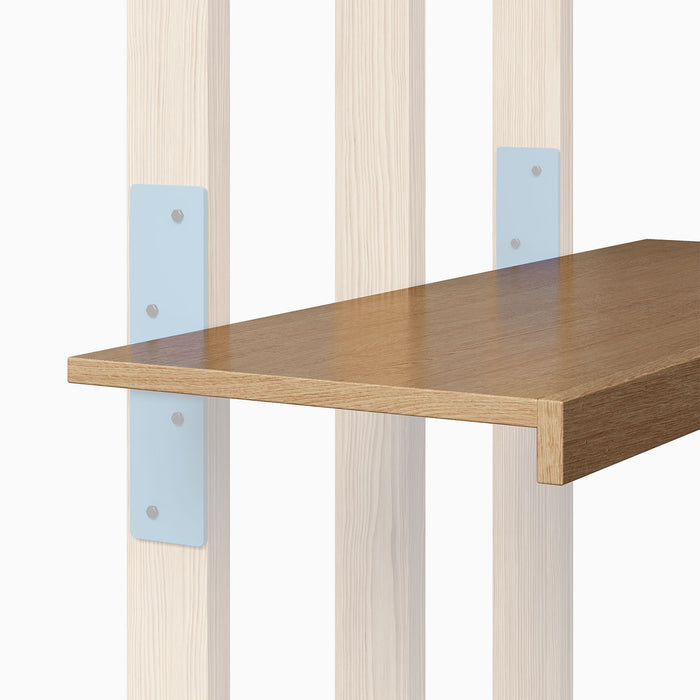Yuri HD Floating Desk Bracket (Powder Coated) in powder blue metal supporting natural wood floating shelf display ledge by Shelfology