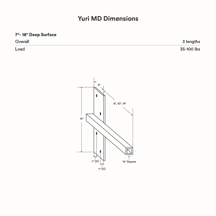 Yuri MD Floating Desk Bracket (Black Primer) technical drawing showing dimensions for 7" to 18" deep surfaces and load range