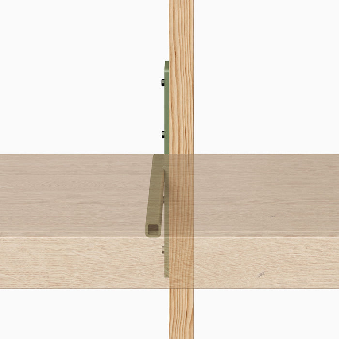 Yuri MD Floating Desk Bracket (Powder Coated) installed supporting wood floating shelf with minimalist metal design