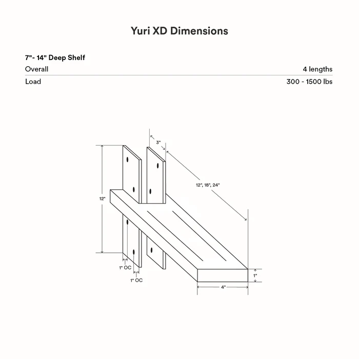 Yuri XD Floating Desk Bracket (Black Primer) technical line drawing with detailed dimensions for shelf installation guidance