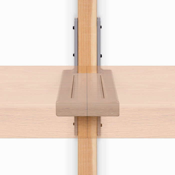 Yuri XD Floating Desk Bracket (Powder Coated) in sleek steel finish, supporting a thick wood shelf with a modern, minimal profile for organized wall shelves.